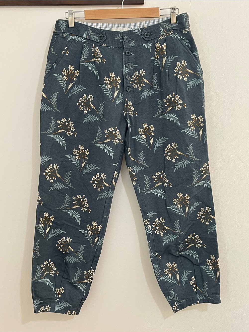 Sundance Floral Linen Cotton Cropped Pants Size 10 Button Front NWOT